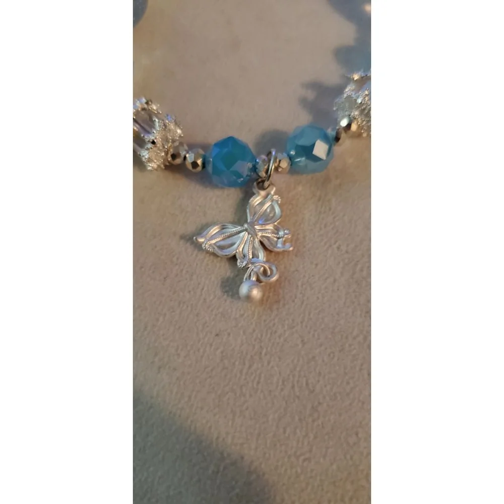 Beaded Bracelet Blue Silver Butterfly Charm phone chain
